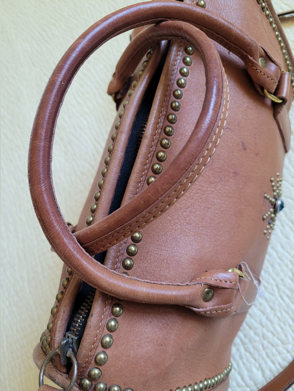 Coach Tan Leather Satchel with Turquoise Sunburst Accent - Picture 13 of 16